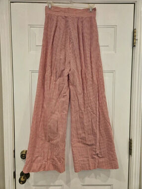 Vintage handmade red white striped seersucker wide-leg pants high-waisted